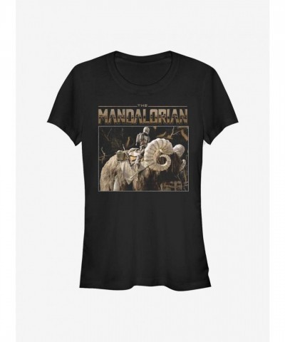 Mandalorian Bantha Ride Junior T-Shirt for Girls - Comfortable Black Cotton