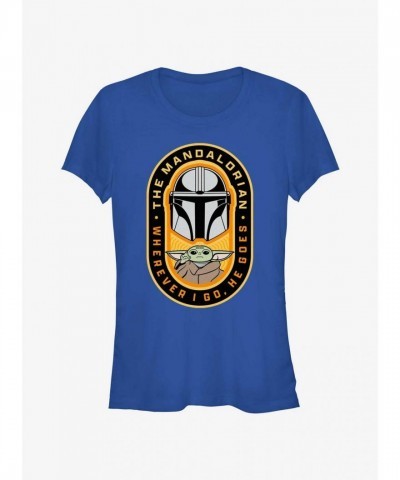 The Mandalorian "Where I Go, He Goes" Badge Lightweight T-Shirt for Girls - Blue