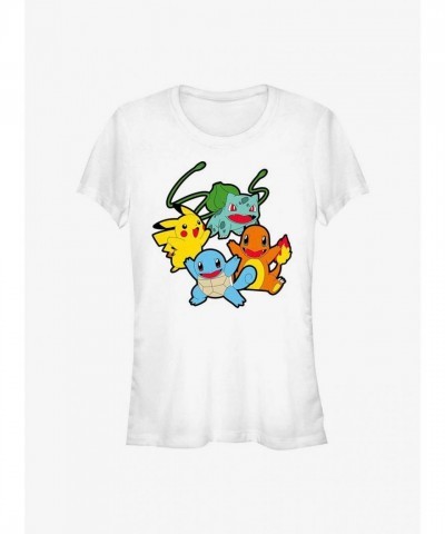 Pokemon Girls Classic T-Shirt - Featuring Bulbasaur, Pikachu, Charmander, Squirtle - White