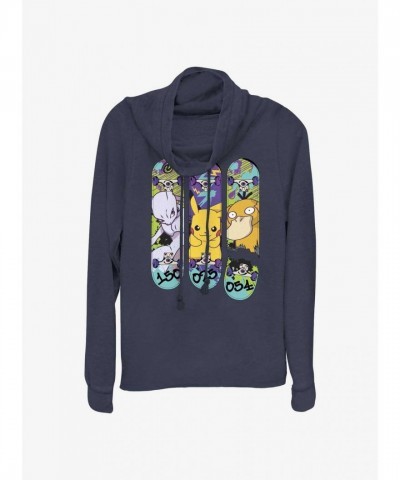 Pokemon Mewtwo Pikachu Psyduck Skateboard Art Cowl Neck Sweatshirt - Blue