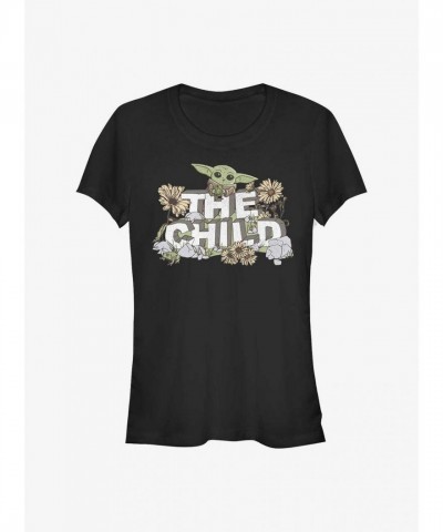 Star Wars Mandalorian Floral Tee for Girls - Lightweight Cotton - Black