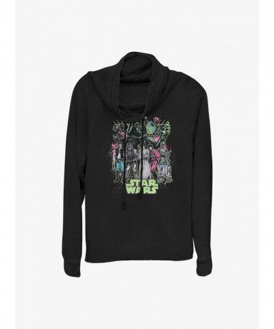 Star Wars Neon Galaxy Cowl Neck Long Sleeve Top - Junior Black
